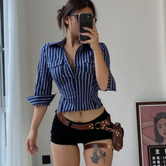 Pydshop Fashion Striped Blouses Streetwear Y2K Aesthetic Vintage Buttons Up Lapel Collar Shirts Women Sexy Crop Top Autumn Short Shirt