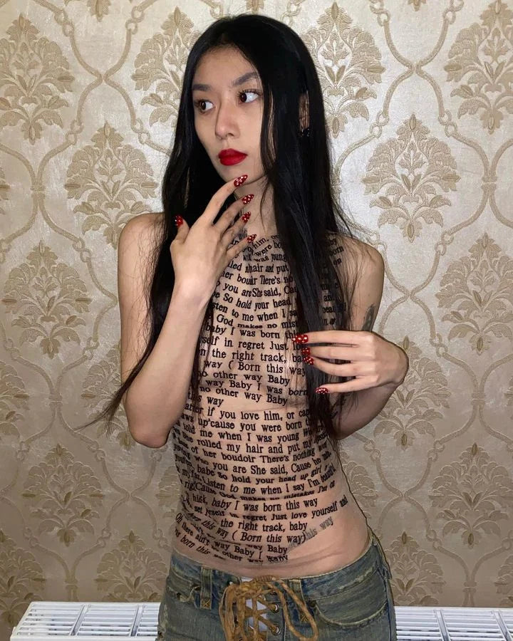 Pydshop Mesh Letter Printted T-shirt Women O-Neck See Through Sexy Tank Tops With Golve High Street Basic Slim Y2K Top Tee ShirtsChristmas Gifts
