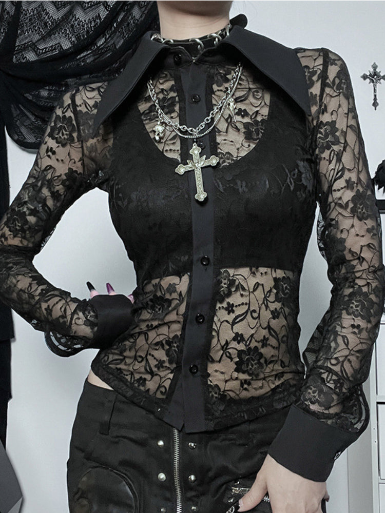 Pydshop Gothic See-through Slim Waist Tucked Top