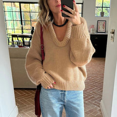 Pydshop Fashion Casual Round Knit Sweater For Women Solid Color Loose Autumn 2024 New Pullovers Long Sleeve Female Knitted TopChristmas Gifts