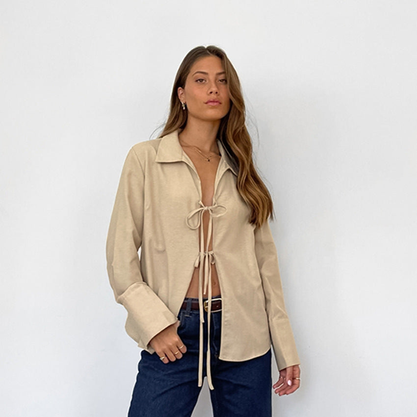 Pydshop Hollow Out Lace Up White Cotton Linen Shirt Women's Long Sleeve Loose Casual Sexy Lapel Cardigan Top Female Summer newChristmas Gifts