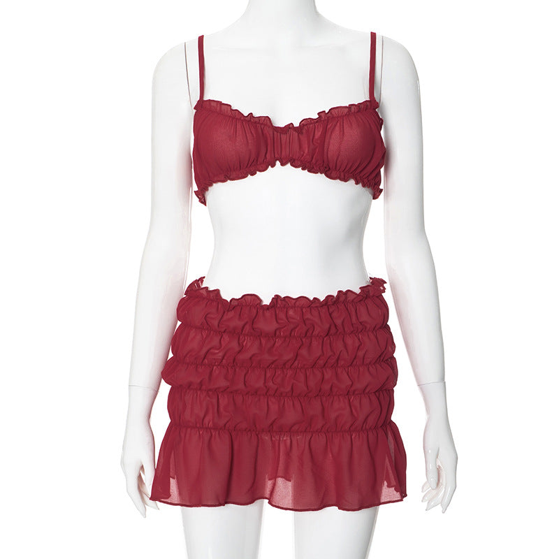Pydshop Sexy Camisole Top Low Waist Stacked Ruched Skirt  2-Piece Set Solid Color Sleeveless Backless Beach Holiday Summer Outfit