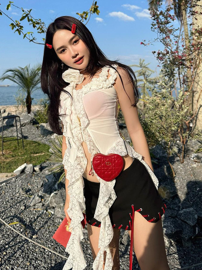 Pydshop Hollow Out Lace Crop Top Women Sexy Off Shoulder Bodycon Bandage Slim Tank Tops Ladies 2024 Folds Lace-up T-shirts Femme