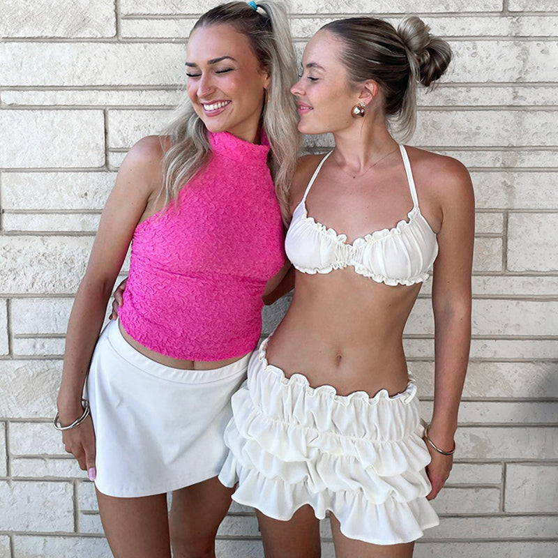 Pydshop Sexy Camisole Top Low Waist Stacked Ruched Skirt  2-Piece Set Solid Color Sleeveless Backless Beach Holiday Summer Outfit