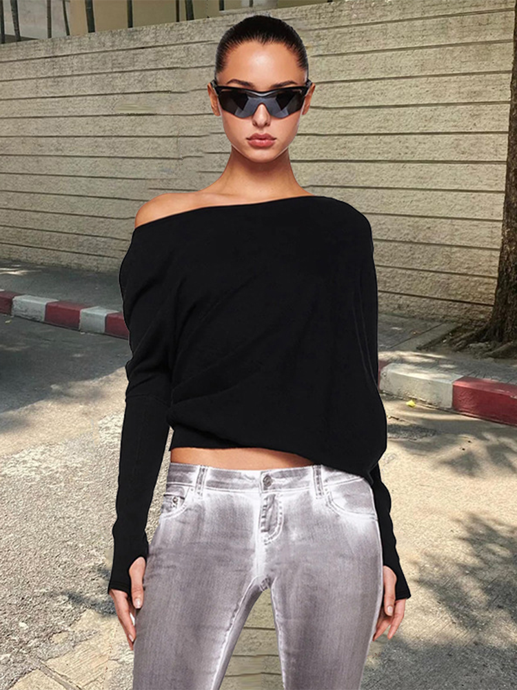 Pydshop White Off-shoulder T-shirt Pollover For Women Loose Casual Short Top Party Club T-shirt Hot Girl Autumn New Long SleeveChristmas Gifts