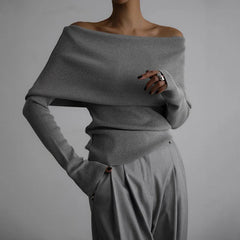 Pydshop Women's Sweater Pullovers Long Sleeve Knitted One-Shoulder Sexy Slim Top Solid Color Autumn Winter  Fashion CasualChristmas Gifts
