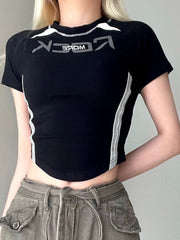 Pydshop Black Stripe Stitching Short Sleeve Top