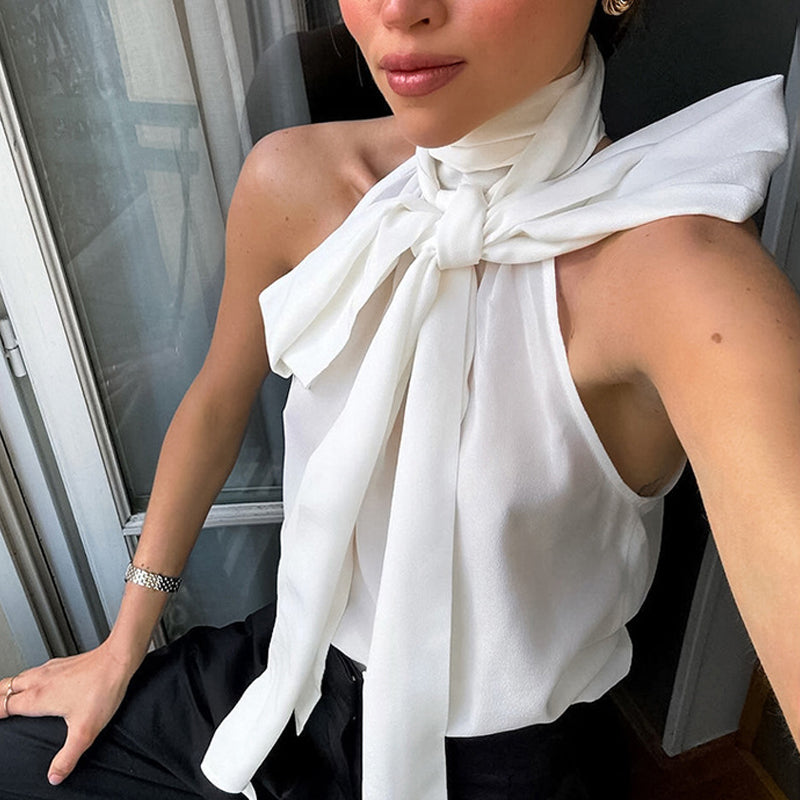 Pydshop Fashion Elegant White Bow Lace Up Halter Neck Vest Top Women's Sleeveless Turtleneck Summer New Vest Pullover StreetwearChristmas Gifts