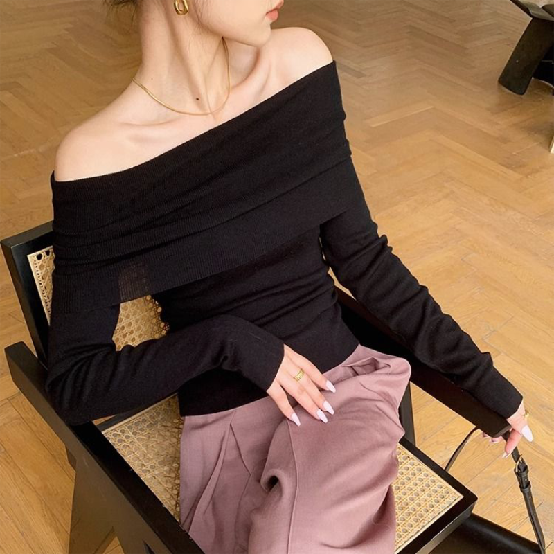 Pydshop Black Solid Off Shoulder Elegant Long Sleeve Tops Korean Fashion Slim Sexy Cropped T Shirt Women Autumn Y2k Clothing Skinny Top