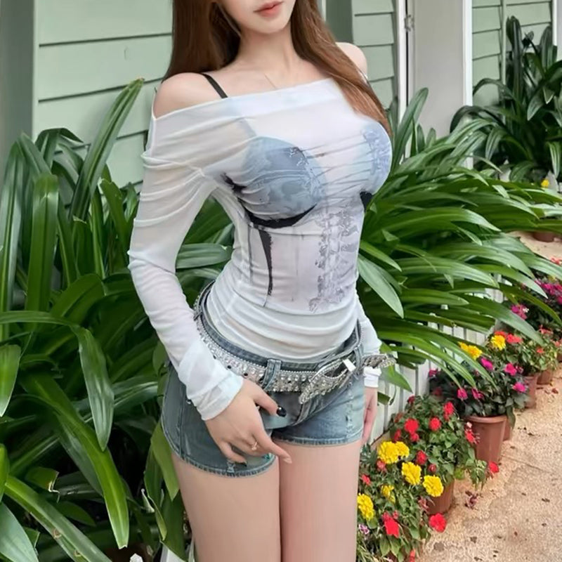 Pydshop Aesthetic Sexy Mesh Top Women Long sleeve T-shirt Summer Fairy Grunge Clothes Transparent Printing Streetwear Y2k Off Shoul Tops