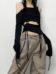 Pydshop Black Drawstring Shirring Off Shoulder Top