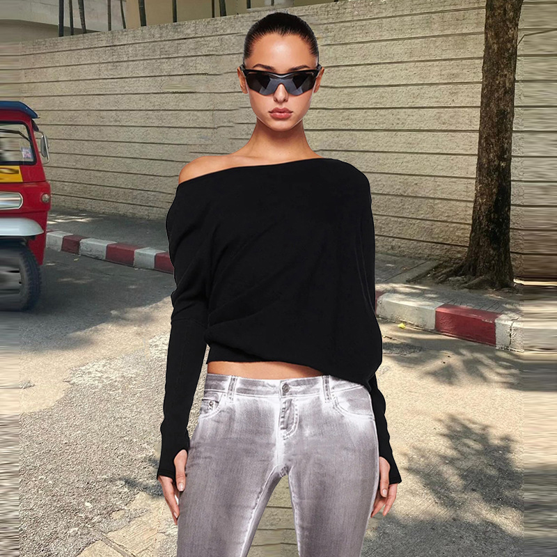 Pydshop White Off-shoulder T-shirt Pollover For Women Loose Casual Short Top Party Club T-shirt Hot Girl Autumn New Long SleeveChristmas Gifts