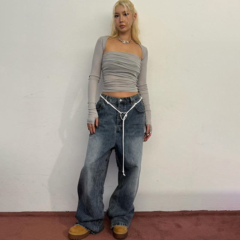 Pydshop Off-Shoulder Pleated Tube Top Vest Long-Sleeved Cover Up Two-Piece Top Fasion Hot Girl Autumn New Sexy Party Club ClothesChristmas Gifts