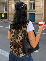Pydshop Leopard Print Pin Vest For Women V-Neck Sleeveless Fashion Hot Girl Cardigan Top Female Autumn New Slim Fit Short VestChristmas Gifts
