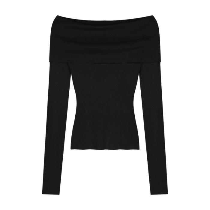 Pydshop Black Solid Off Shoulder Elegant Long Sleeve Tops Korean Fashion Slim Sexy Cropped T Shirt Women Autumn Y2k Clothing Skinny Top