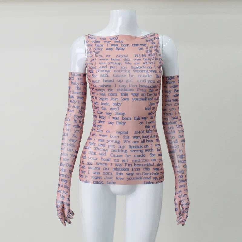Pydshop Mesh Letter Printted T-shirt Women O-Neck See Through Sexy Tank Tops With Golve High Street Basic Slim Y2K Top Tee ShirtsChristmas Gifts