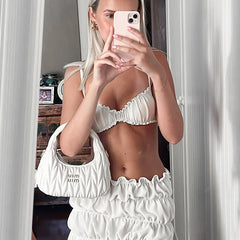 Pydshop Sexy Camisole Top Low Waist Stacked Ruched Skirt  2-Piece Set Solid Color Sleeveless Backless Beach Holiday Summer Outfit