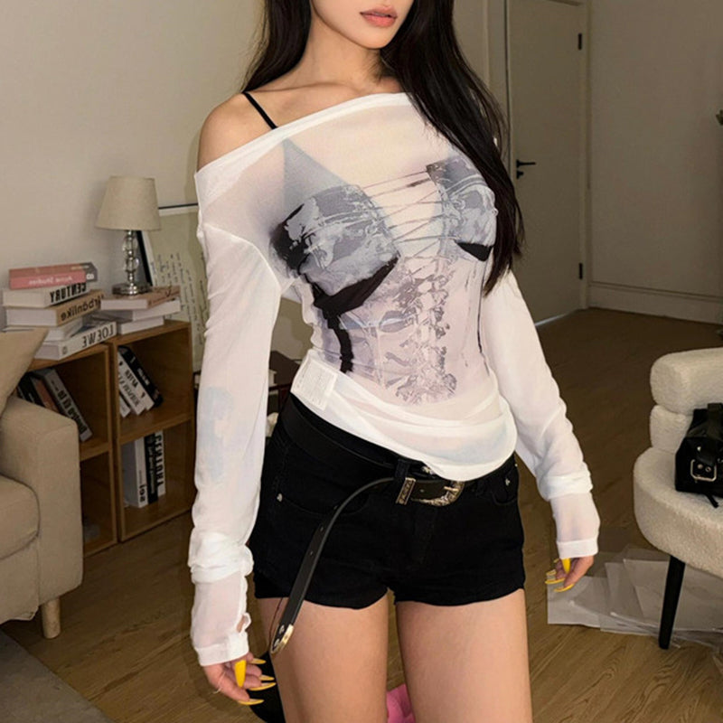 Pydshop Aesthetic Sexy Mesh Top Women Long sleeve T-shirt Summer Fairy Grunge Clothes Transparent Printing Streetwear Y2k Off Shoul Tops