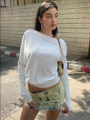 Pydshop White Off-shoulder T-shirt Pollover For Women Loose Casual Short Top Party Club T-shirt Hot Girl Autumn New Long SleeveChristmas Gifts