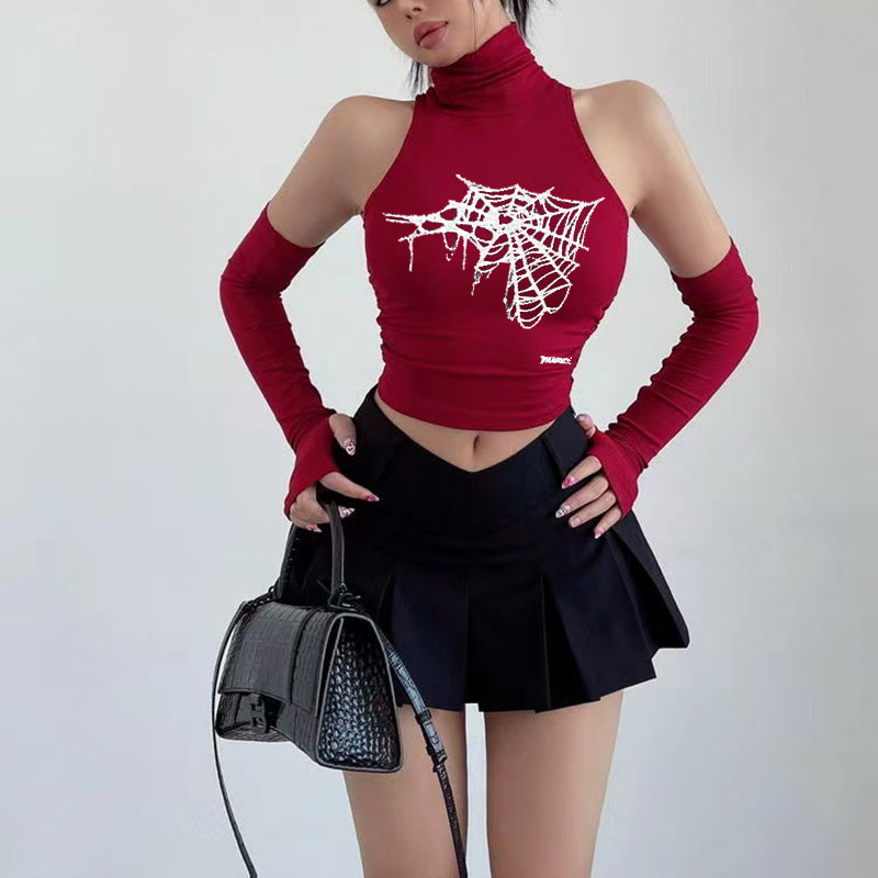 Pydshop Gothic Spider Print Tank Top for Women Summer Y2k Tops Black Oversleeve Sexy Turtleneck Slim Short Skinny Streetwear Crop Top