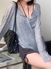 Pydshop Girls Solid Casual Long Sleeved T-shirt Women's Smock Tops Sexy Thin Transparent Tee Shirts Korean Loose T-shirt Streetwear