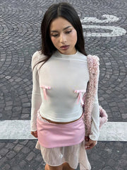 Pydshop Splice Bow Shirts For Women Slim O Neck Long Sleeve Crop Tops Female 2024 Autumn Fashion Bodycon White Tshirts Ladies NewChristmas Gifts