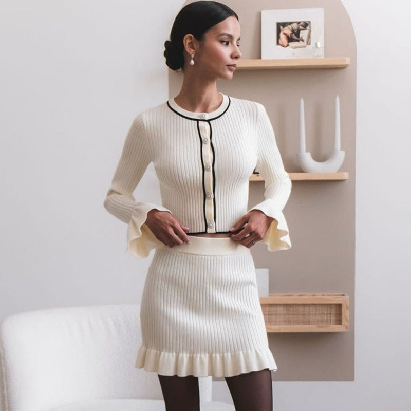 Pydshop Strickrock-Set Damen Elegant O-Ausschnitt Langarm Cardigan Top Schlank Retro Kurz A-Linien-Rock Strick-Rüschenrock-Set 