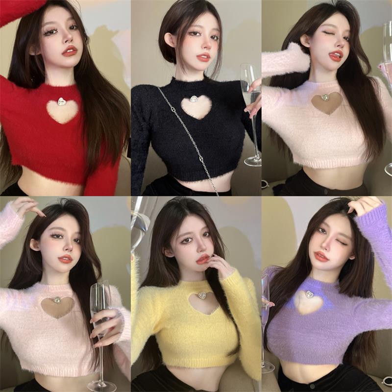 Pydshop 2024 Autumn Winter New Sweater Women's O Neck Diamond-Studded Hollow Love Long Sleeve Slim Short Crop Top