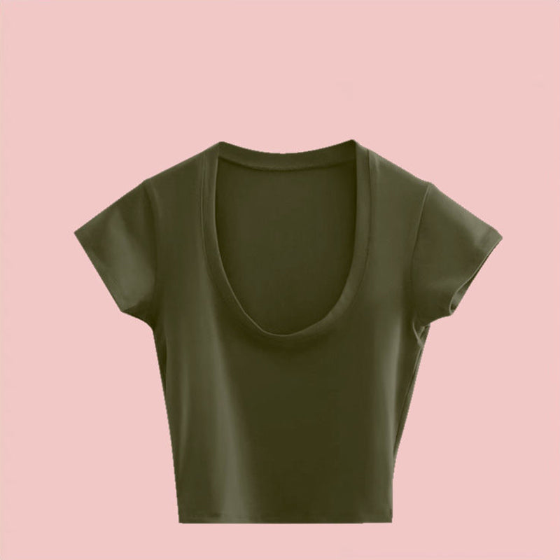 Pydshop 2024 Summer Slim T-Shirt Women Sexy Short Sleeve T Shirt U-Neck Gray Tee Female Solid Basic Black/White Korean Crop Tops Hot Y2k