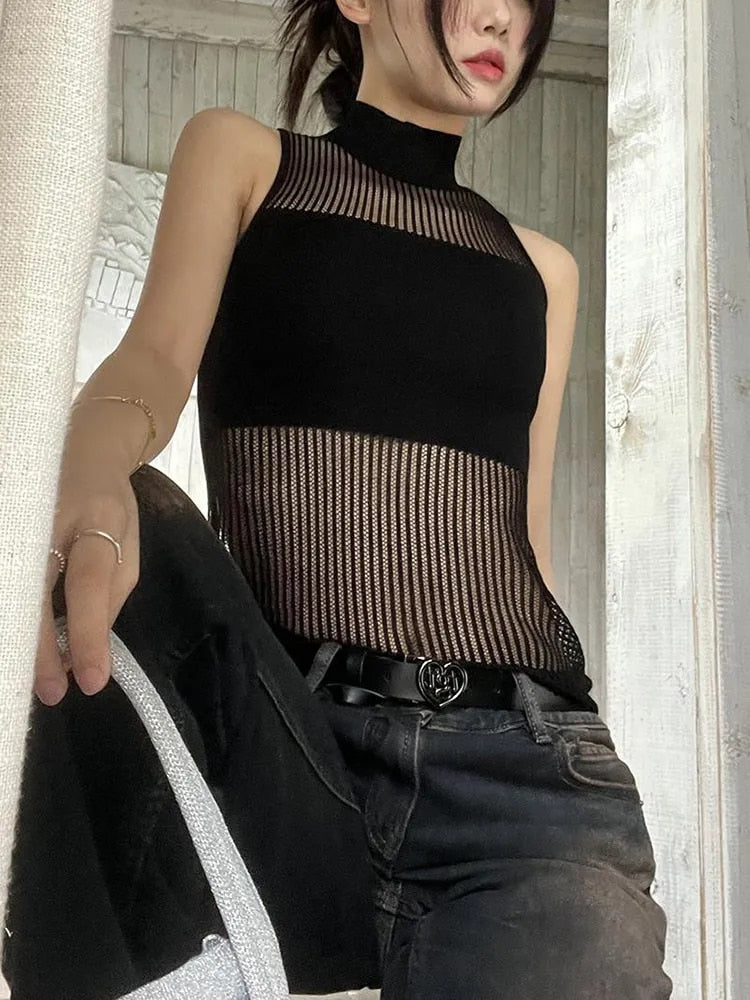 Pydshop Knitted Sleeveless Tank Top Women's Hollow Out Chic And Sexy Thin Summer Tops Y2k Clothing 2024