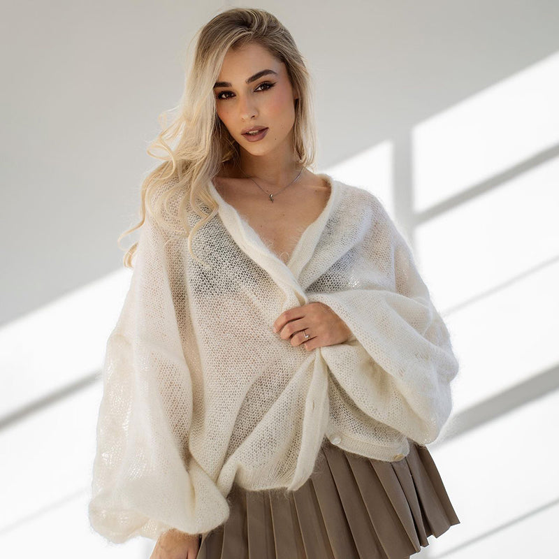 Pydshop Fashion Striped Sweater Cardigan With Scarf Female Loose Thin Hollow Knitted Top Lantern Sleeve Contrast Color Retro TopChristmas Gifts