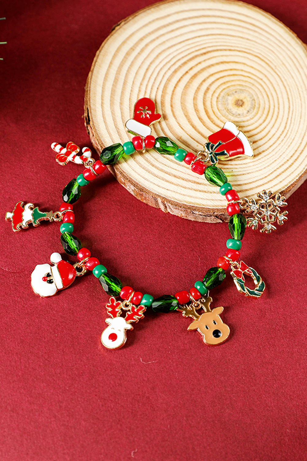 Fiery Red Christmas Pattern Pendant Beaded Bracelet