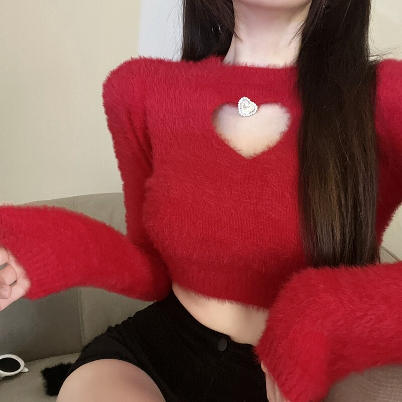 Pydshop 2024 Autumn Winter New Sweater Women's O Neck Diamond-Studded Hollow Love Long Sleeve Slim Short Crop Top