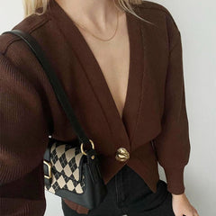 Pydshop Chic Solid Button Knitted Cardigan Women Casual Deep V Neck Long Sleeve Slim Warm Sweater Autumn New Lady Fashion Top