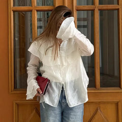 Pydshop White Ruffle Shirt Women's Spring Loose Casual Bell Sleeve Shirt Top Fashion Lace Button Office Lady Streetwear Shirt