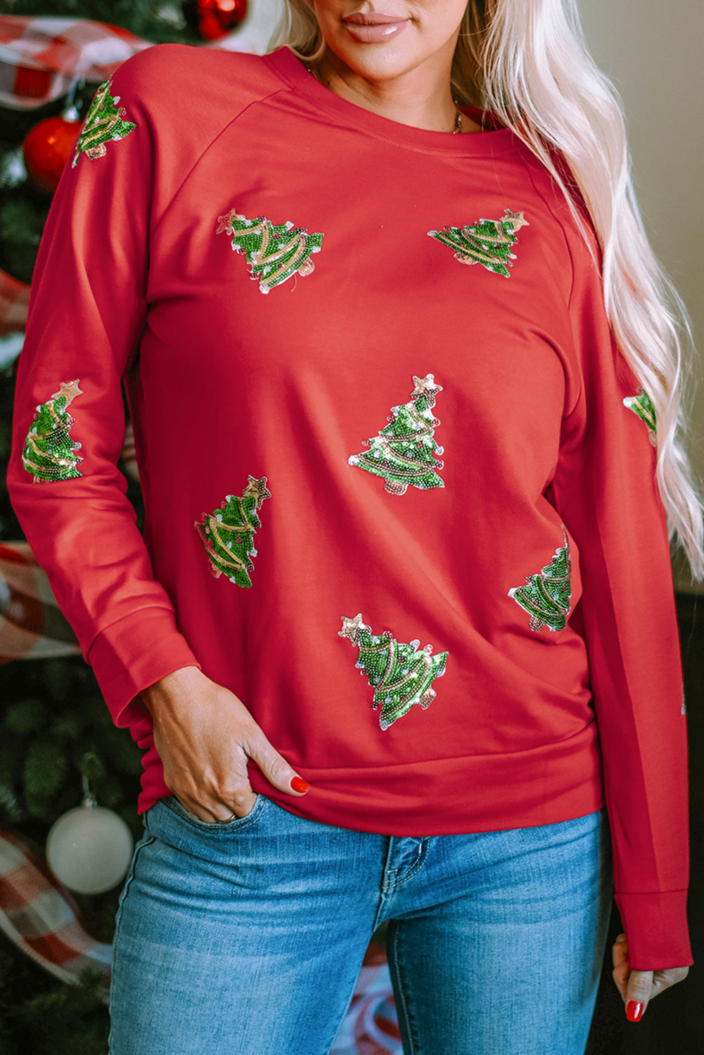 Fiery Red Sequined Christmas Tree Raglan Sleeve Sweatshirt