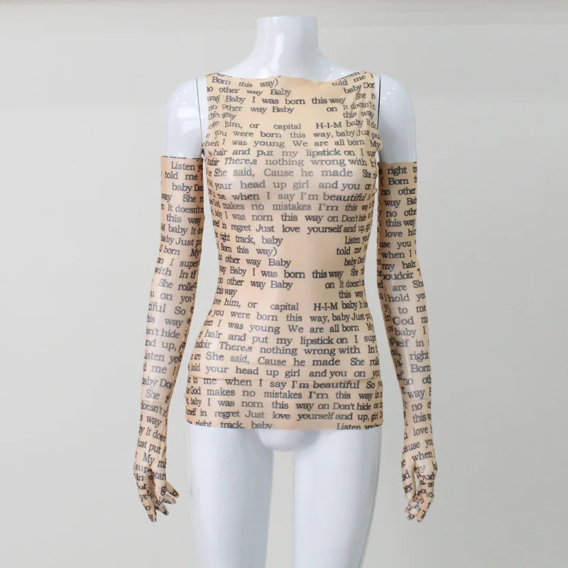 Pydshop Mesh Letter Printted T-shirt Women O-Neck See Through Sexy Tank Tops With Golve High Street Basic Slim Y2K Top Tee ShirtsChristmas Gifts