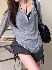 Pydshop Girls Solid Casual Long Sleeved T-shirt Women's Smock Tops Sexy Thin Transparent Tee Shirts Korean Loose T-shirt Streetwear