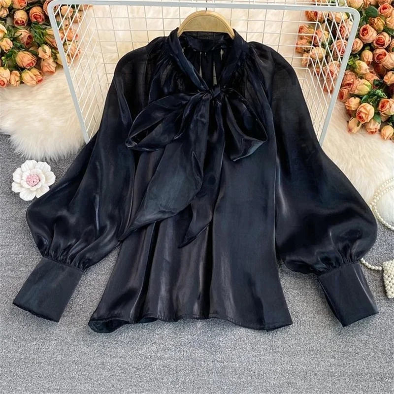 Pydshop Women Blouses Shirts 2024 Summer Chiffon See Throught Office Ladies Blouse Fashion Puff Sleeve Lace Up Shirts Tops BlackChristmas Gifts