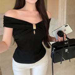 Pydshop Elegant Lady Off Shoulder T-shirt Aesthetic Short Sleeve Tee Shirt Y2K Vintage Women Crop Top Summer Fashion Sexy Tops Clothes