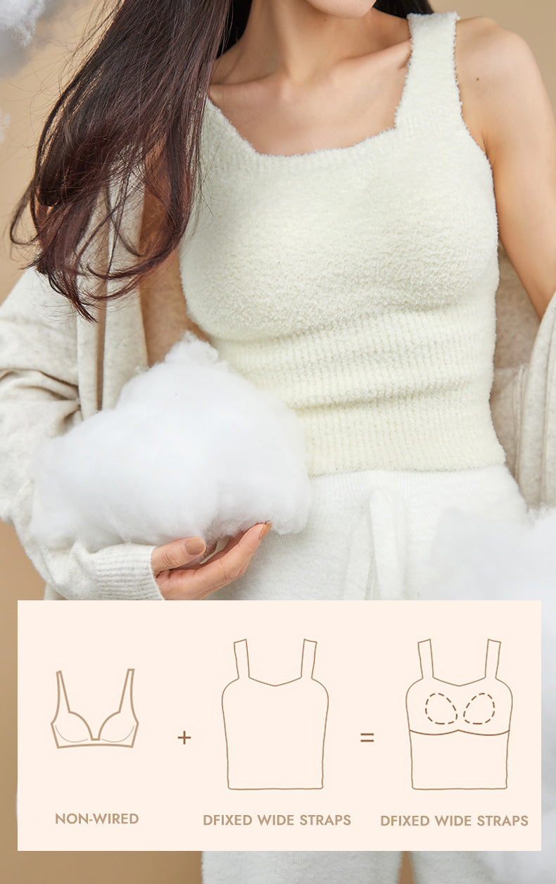 Pydshop Ivory Cozy Fuzzy Knit Tank Top With Built In Bra