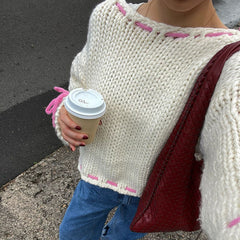 Pydshop Long Sleeve Loose Knitted Sweater For Women Contrast Color Drawstring Hollow Out Pullover Sweater Top Y2K Autumn NewChristmas Gifts
