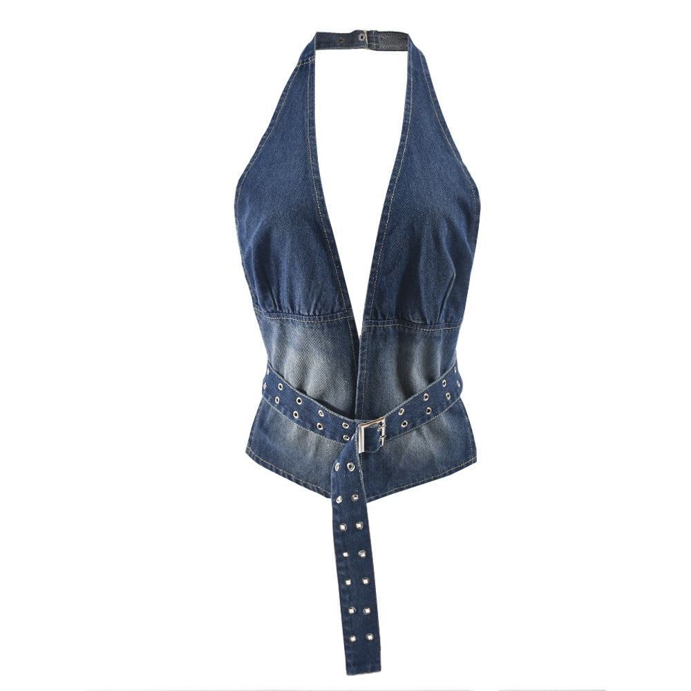 Pydshop Sexy Hot Girl Denim Cut Out Adjustable Strap Top For Women Plunge Backless Halter Neck Tank Club Party Vestido Summer NewChristmas Gifts