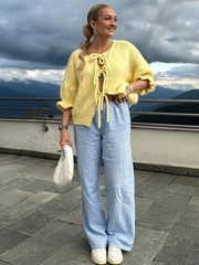 Pydshop Lace Up Knitted Cardigan Top For Women Sexy Cut Out Petal Sleeves Loose Sweater Outwear Female Solid Color Autumn FashionChristmas Gifts