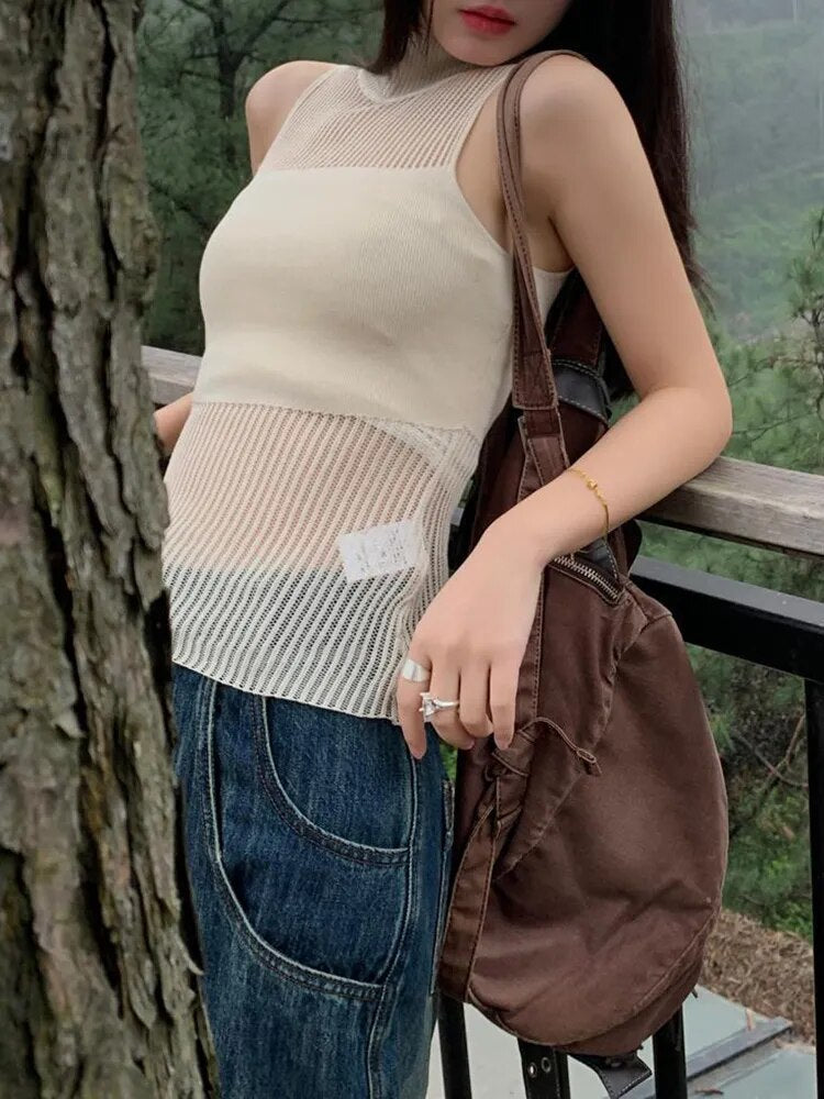 Pydshop Knitted Sleeveless Tank Top Women's Hollow Out Chic And Sexy Thin Summer Tops Y2k Clothing 2024