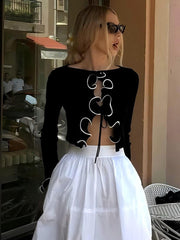 Pydshop Elegant Lace Up Cardigan Women's Navel Cut Out Sexy Long Sleeve Ruffled Short Hot Girl Slim Fit Outwear Top Fall FashionChristmas Gifts