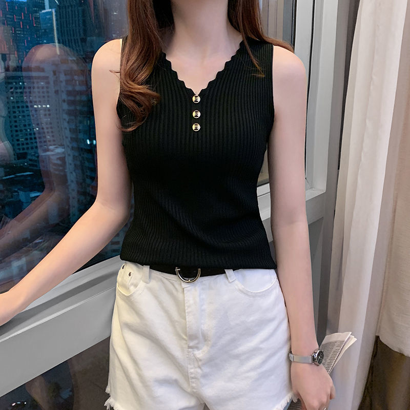 Pydshop Summer Camisole Women Tank Top Sexy Slim Korean Style Casual V-Neck Vest Knitted Fashion Sleeveless Tops Female Tee