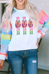 White Sequin Colorblock Sleeve Nutcracker Graphic Sweatshirt