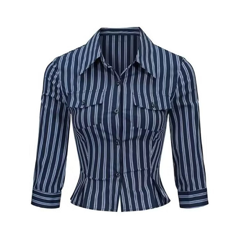 Pydshop Fashion Striped Blouses Streetwear Y2K Aesthetic Vintage Buttons Up Lapel Collar Shirts Women Sexy Crop Top Autumn Short Shirt