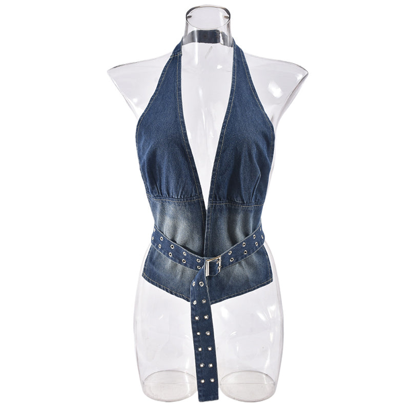 Pydshop Sexy Hot Girl Denim Cut Out Adjustable Strap Top For Women Plunge Backless Halter Neck Tank Club Party Vestido Summer NewChristmas Gifts